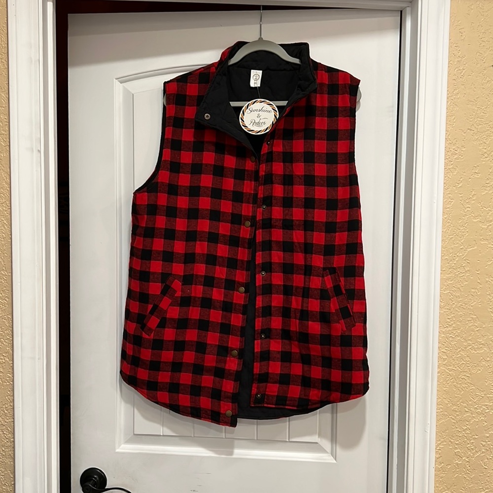 Buffalo Plaid Quilted Vest w/ Snap Closure and Pockets